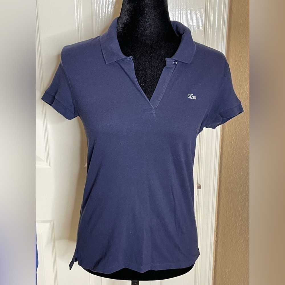 Lacoste Womens Dark blue Knit 1/4 Button Down Solid Polo Top Shirt size 40  - Picture 3 of 9